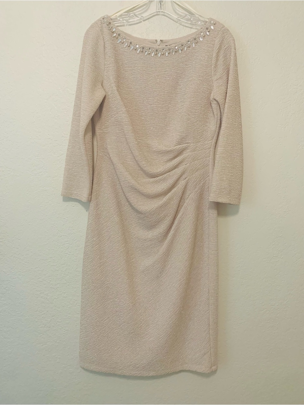 Jessica Howard Light Cream Embellished Long Sleeve Sheath Dress